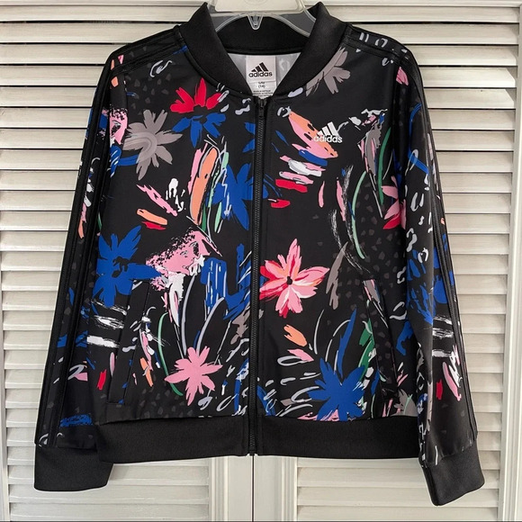 Adidas Girls Black Pink Floral Bomber Jacket - Picture 5 of 13